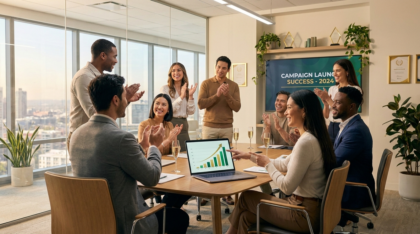 Modern boardroom with campaign results